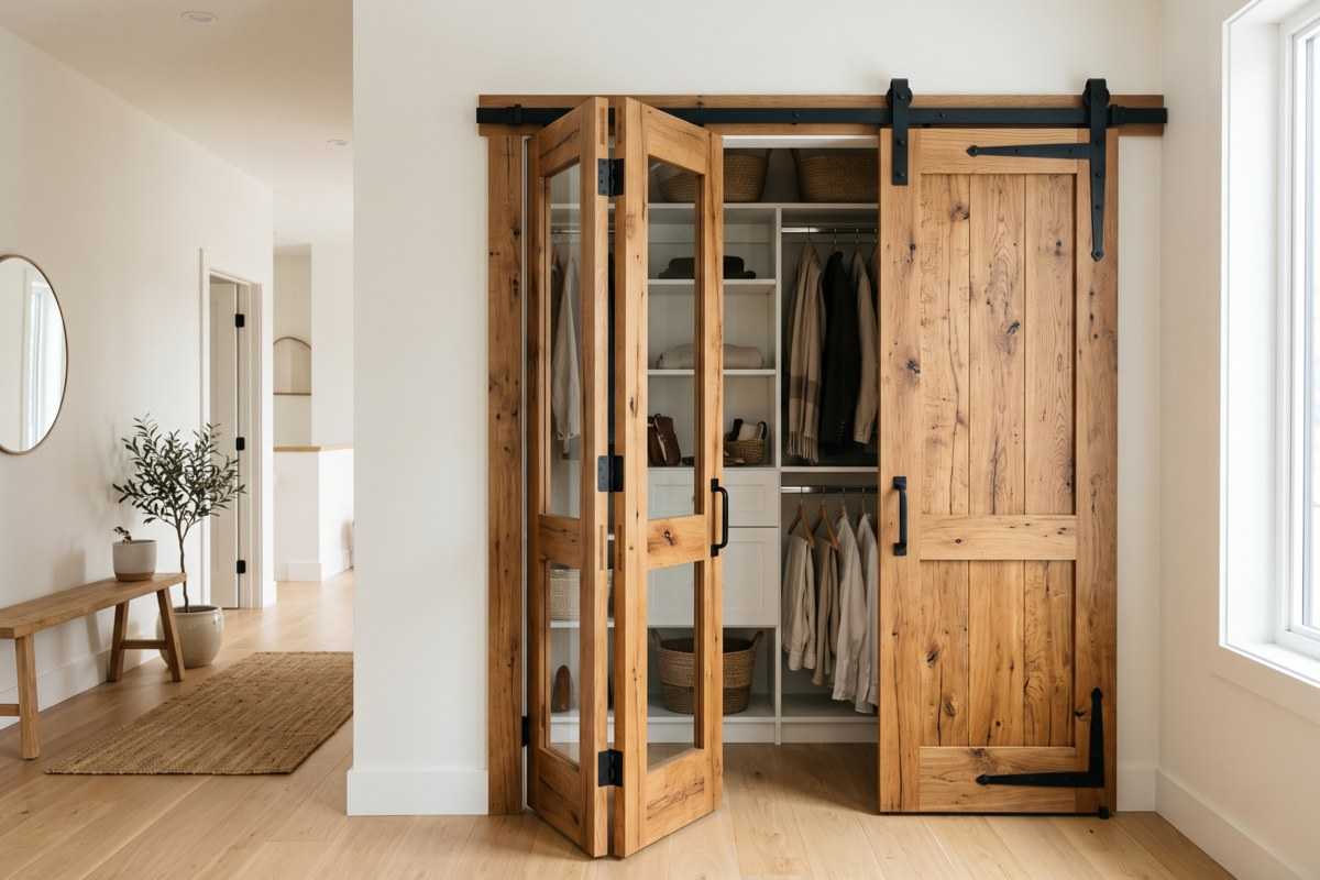 Stylish barn doors in natural wood and black hardware, revealing a modern closet with organized clothing and accessories.