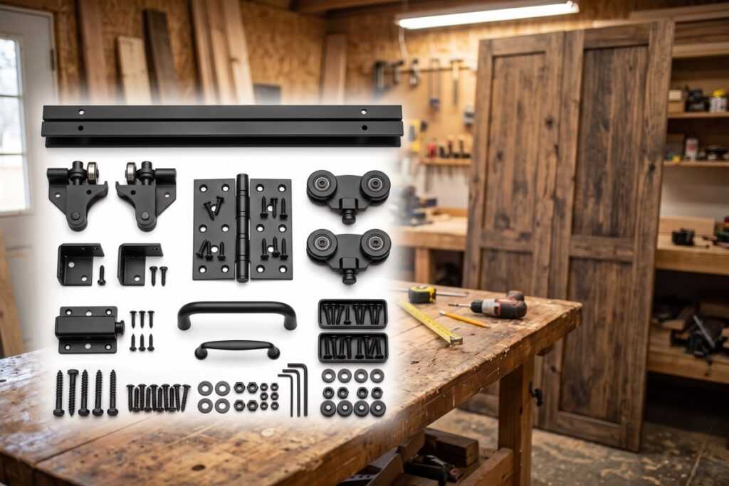 A collection of black door hardware components displayed on a workbench with wooden doors in the background.
