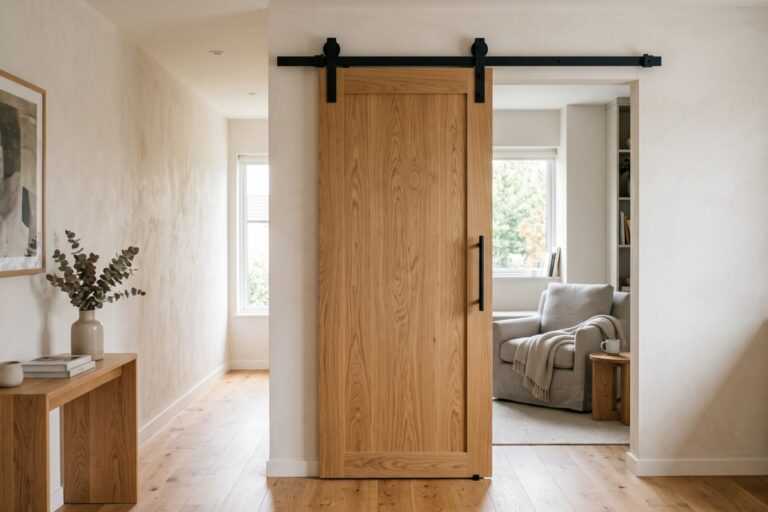 A stylish wooden sliding door with a black metal track, set in a light-filled hallway leading to a cozy living area.