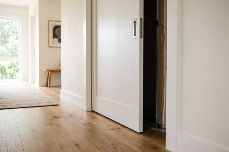 Sliding white doors in a modern hallway, with hardwood flooring and soft natural light coming from a nearby window.