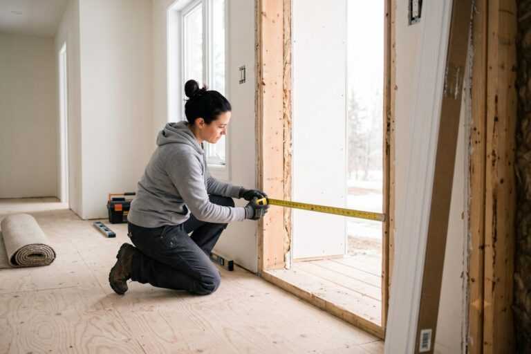 A woman measuring an opening in a newly constructed space, surrounded by wooden framing and construction tools.