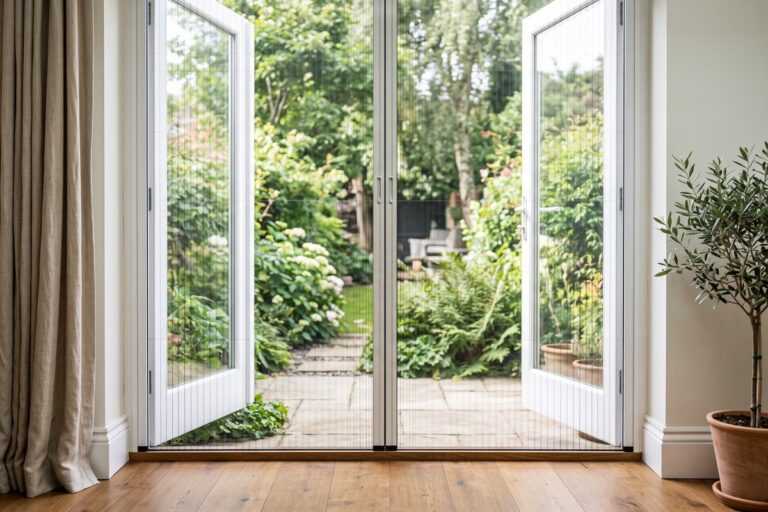 Open double doors leading to a lush garden with green plants and stone pathways, complemented by wooden flooring indoors.