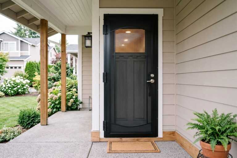 Security Screen Door Buying Guide 7 Sleek black entry door with a window, framed by a porch and surrounded by vibrant greenery and flowers.